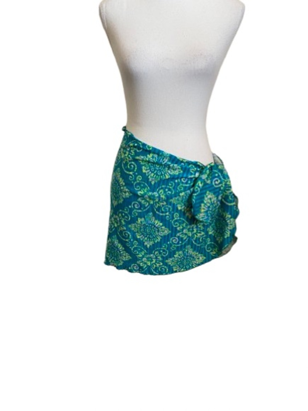 DE LA MAR Blue & Green Printed Tie-Side Beach Cover Up Skirt Made in USA